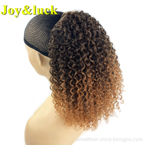 Wholesale Natural Afro Kinky Curly Drawstring Ponytail Wig Hair Extension Short Curl Brown Color Puffy Soft Synthetic Women Wigs